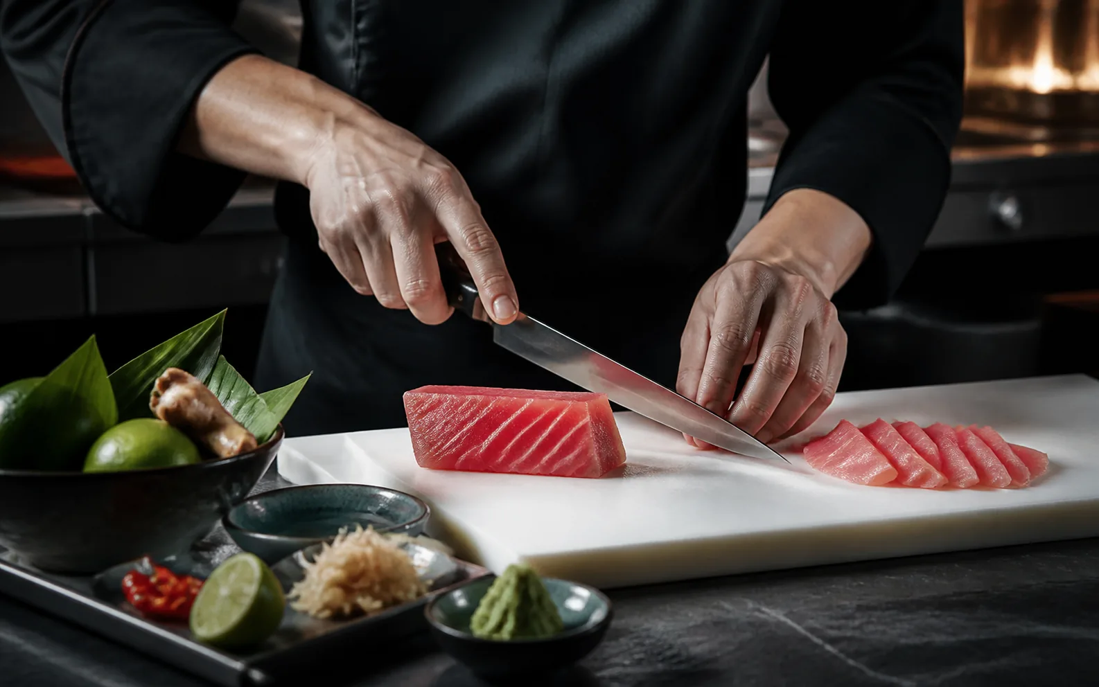 Concept preview of precise sashimi knife work with Thai aromatics