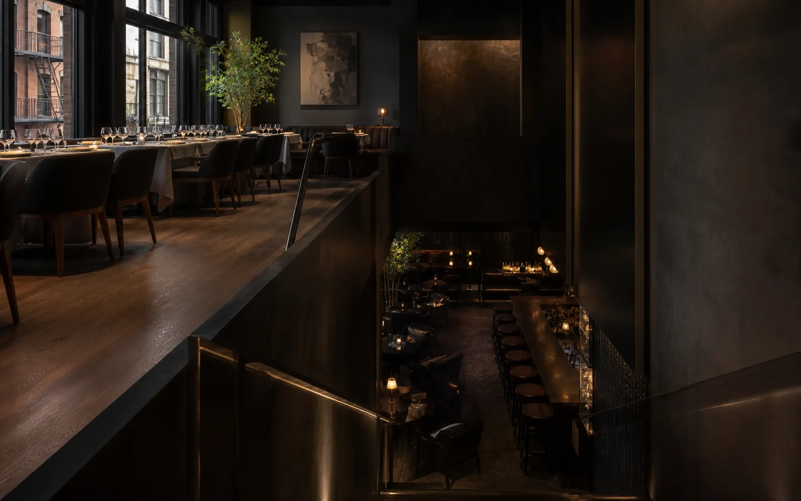 Concept preview of a dining room upstairs and a cocktail listening lounge downstairs