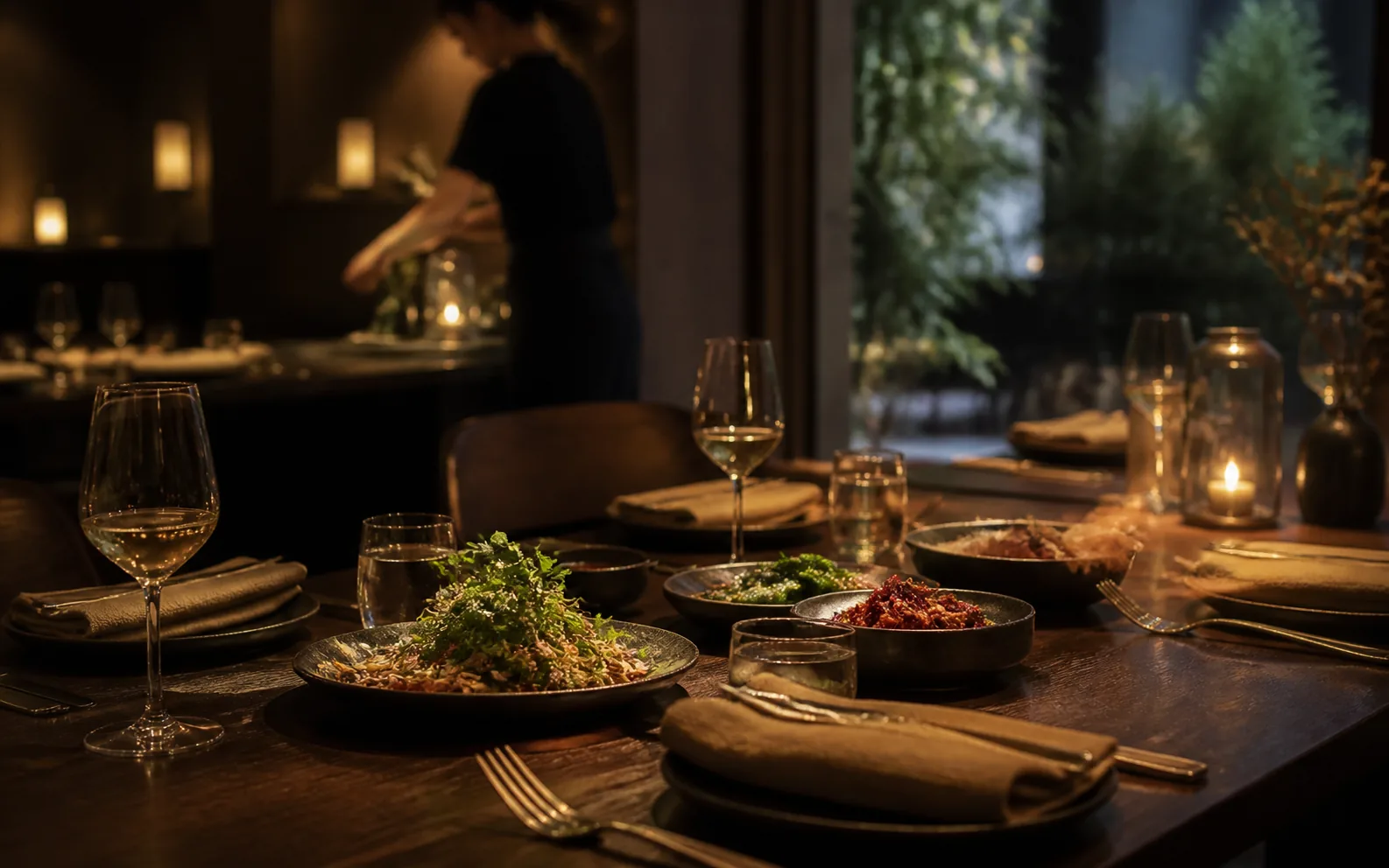 Concept preview of a warm open dinner table in low light