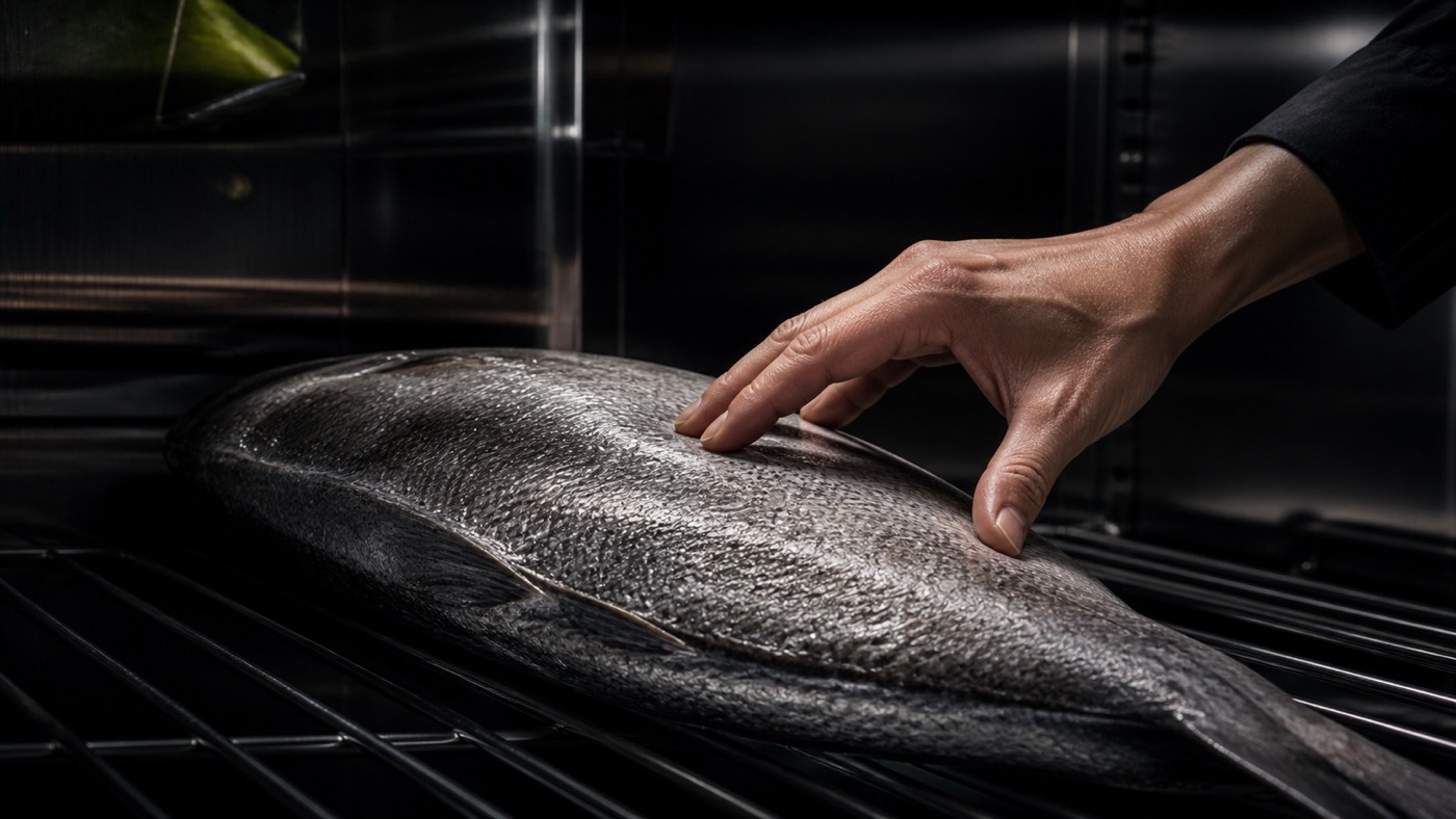 Editorial preview of dry-aged fish prepared for service