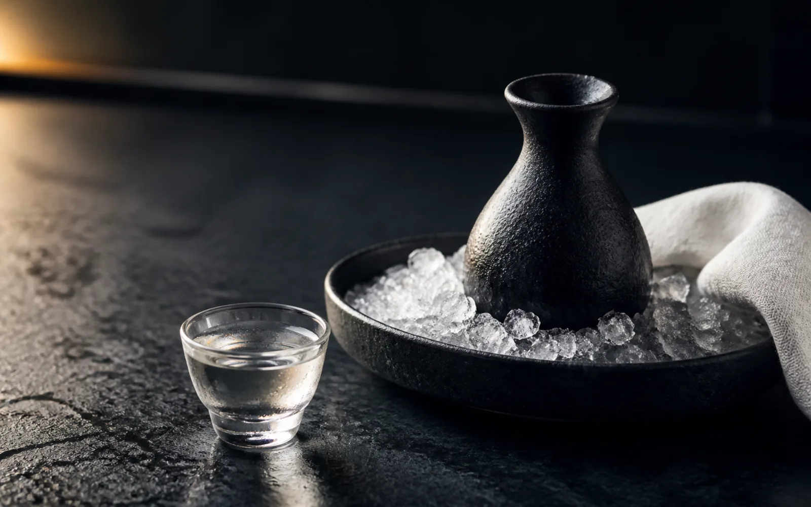 Concept preview of chilled sake served in restrained Japanese glassware