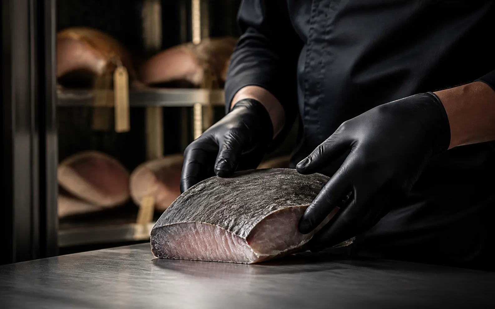 Concept preview of a chef safely inspecting a dry-aged fish portion