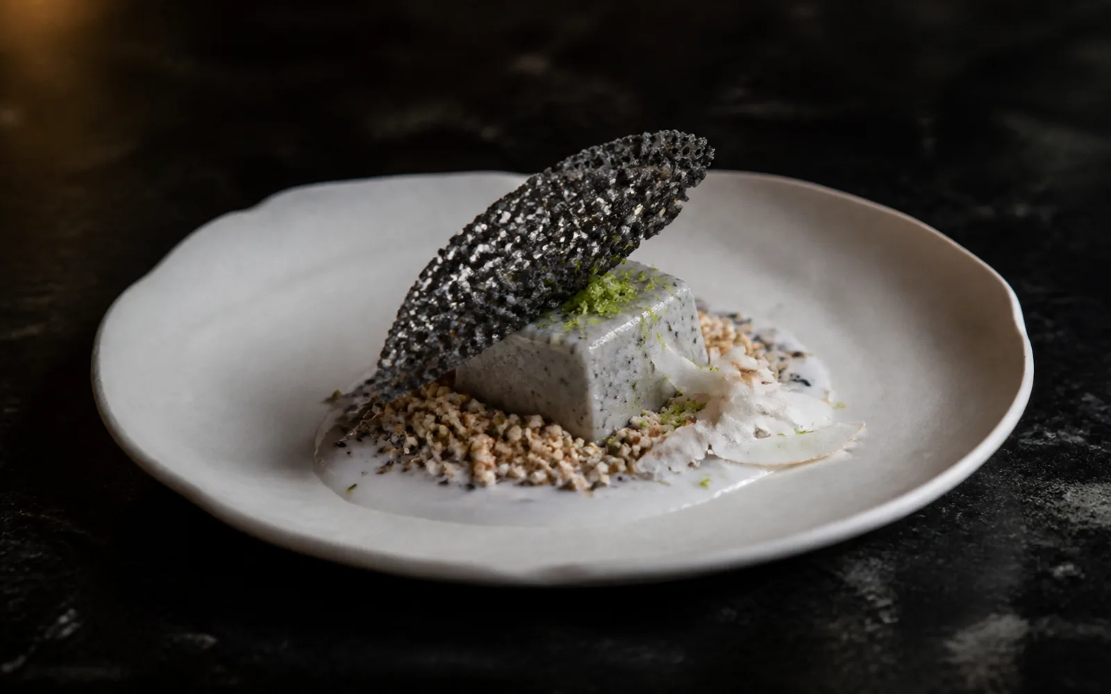 Concept preview of a restrained coconut, black sesame and citrus dessert