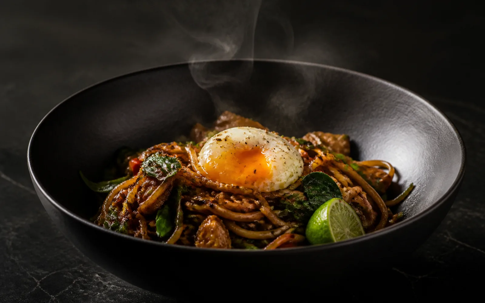 Concept preview of steaming noodles with Thai herbs, chile and lime