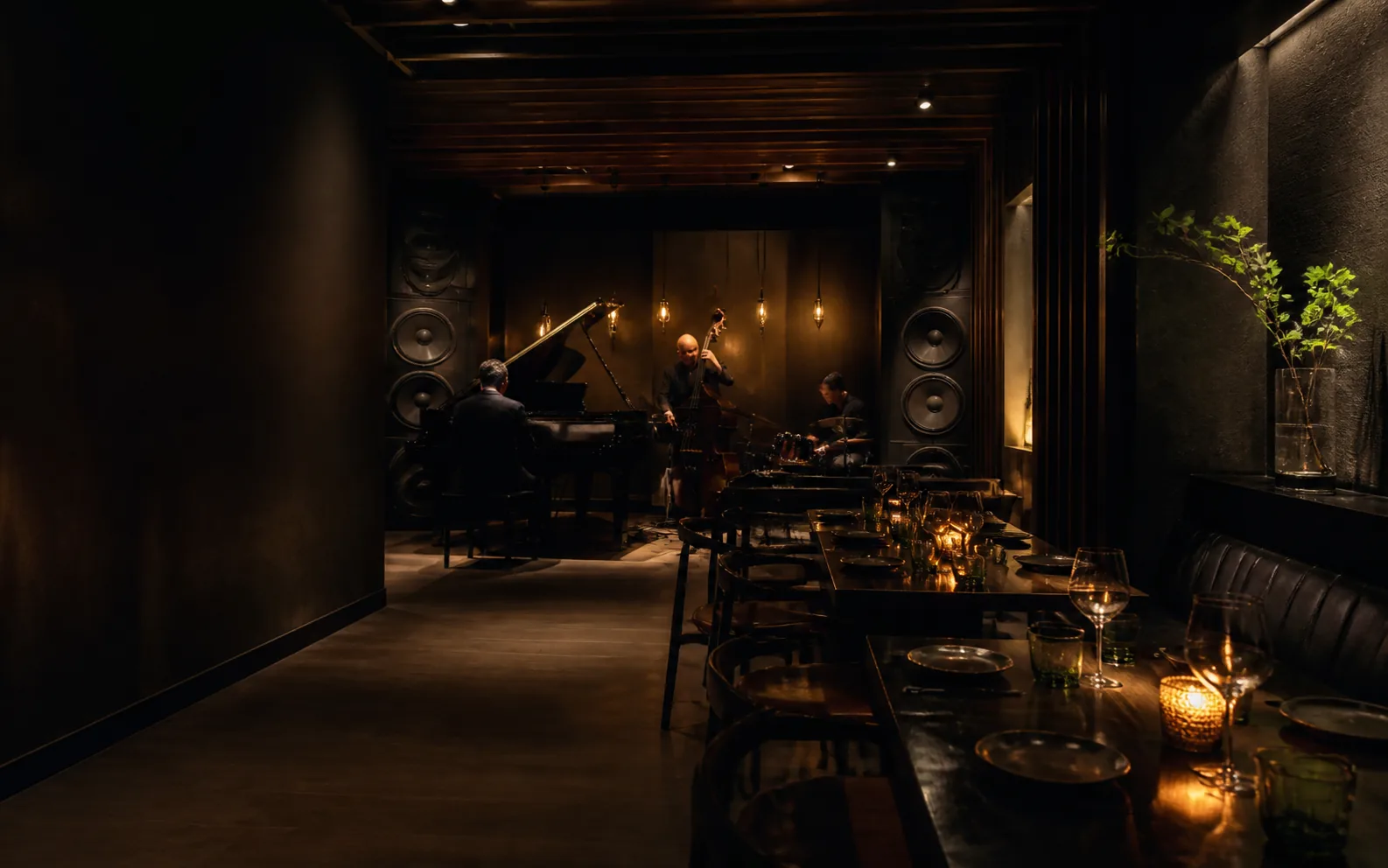Concept preview of an intimate downstairs live trio and high-fidelity sound room