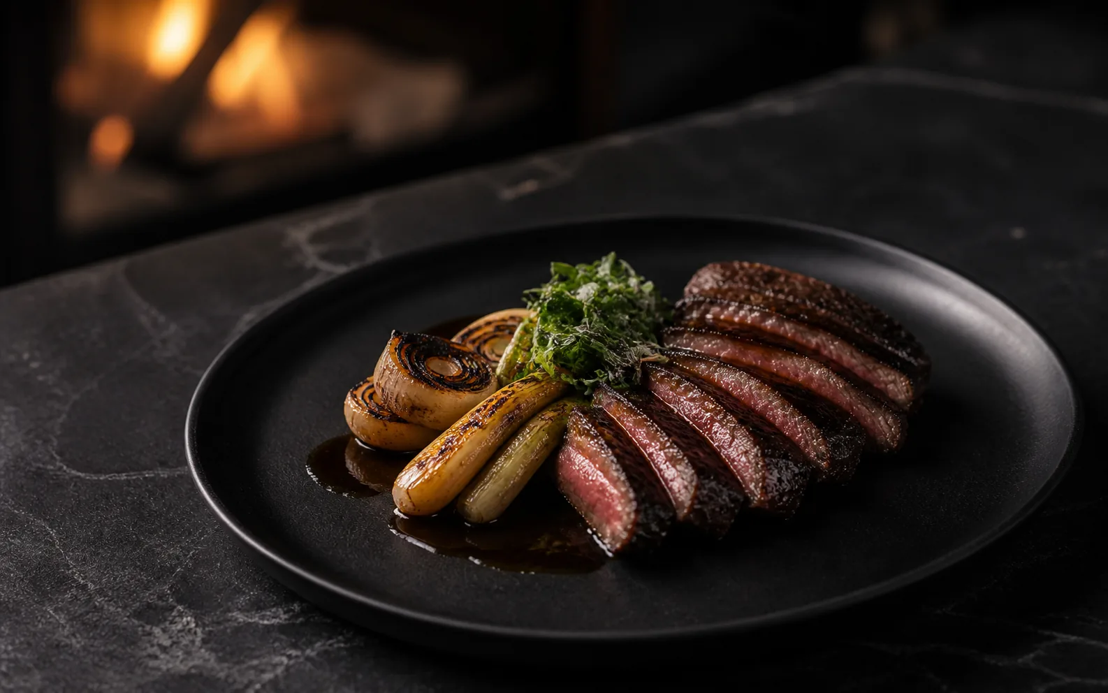 Concept preview of sliced dry-aged steak with charred allium