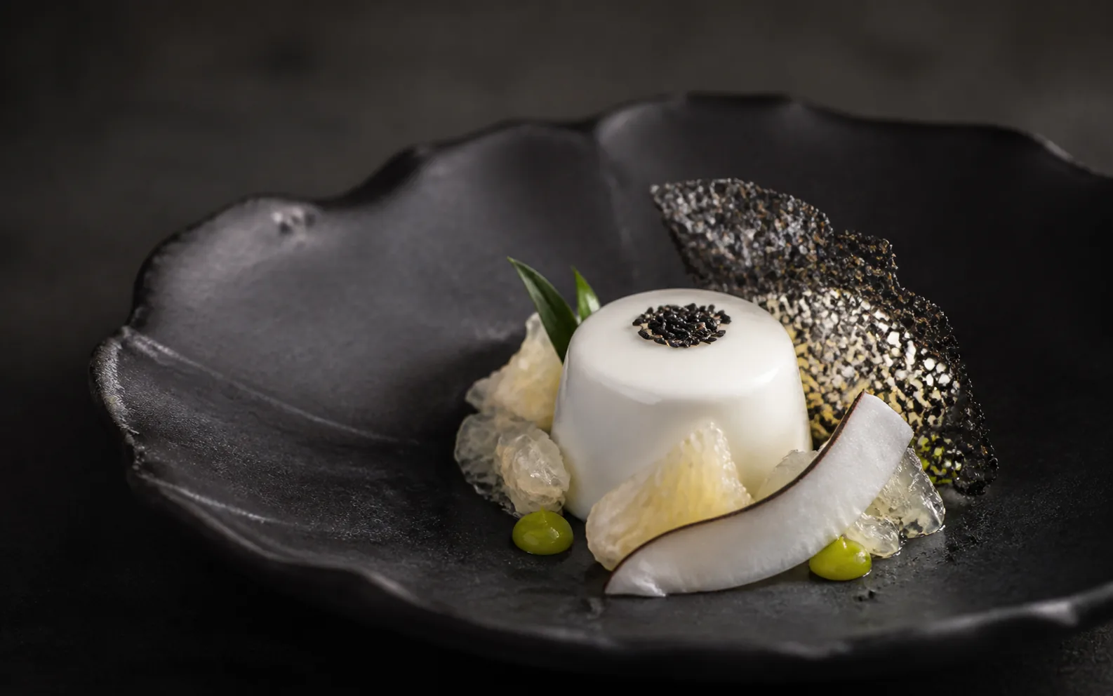 Concept preview of coconut, black sesame and citrus dessert