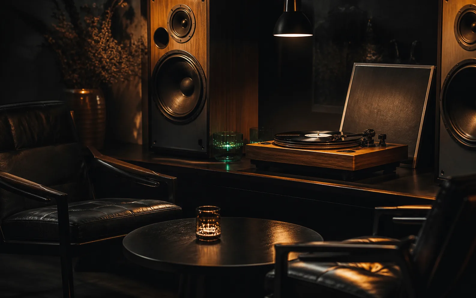 Concept preview of a turntable and high-fidelity speakers in the downstairs listening room