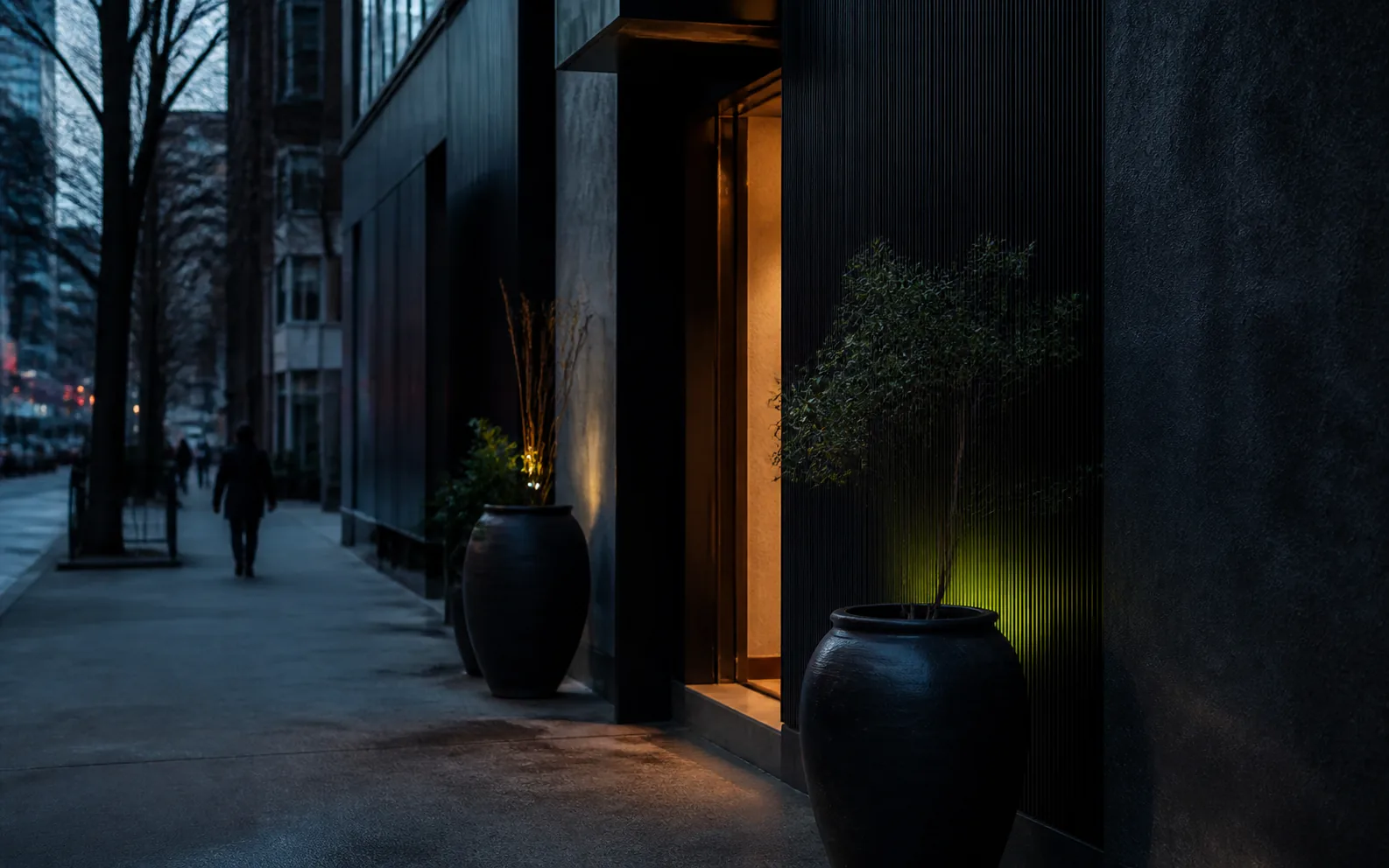 Concept preview of a discreet Manhattan restaurant entrance at blue hour