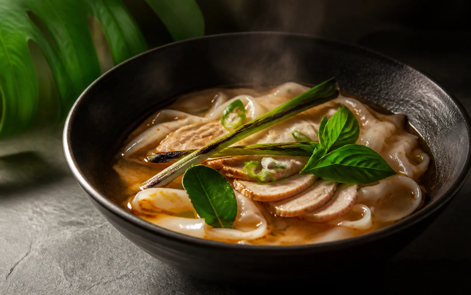 Concept preview of steaming rice noodles with Thai aromatics