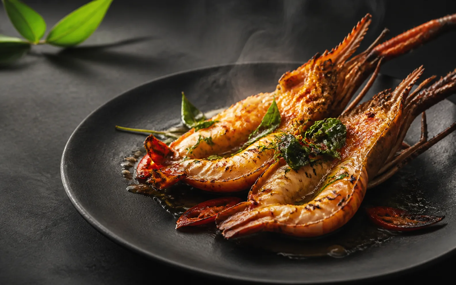 Concept preview of charcoal-grilled prawns with Thai herbs and chile