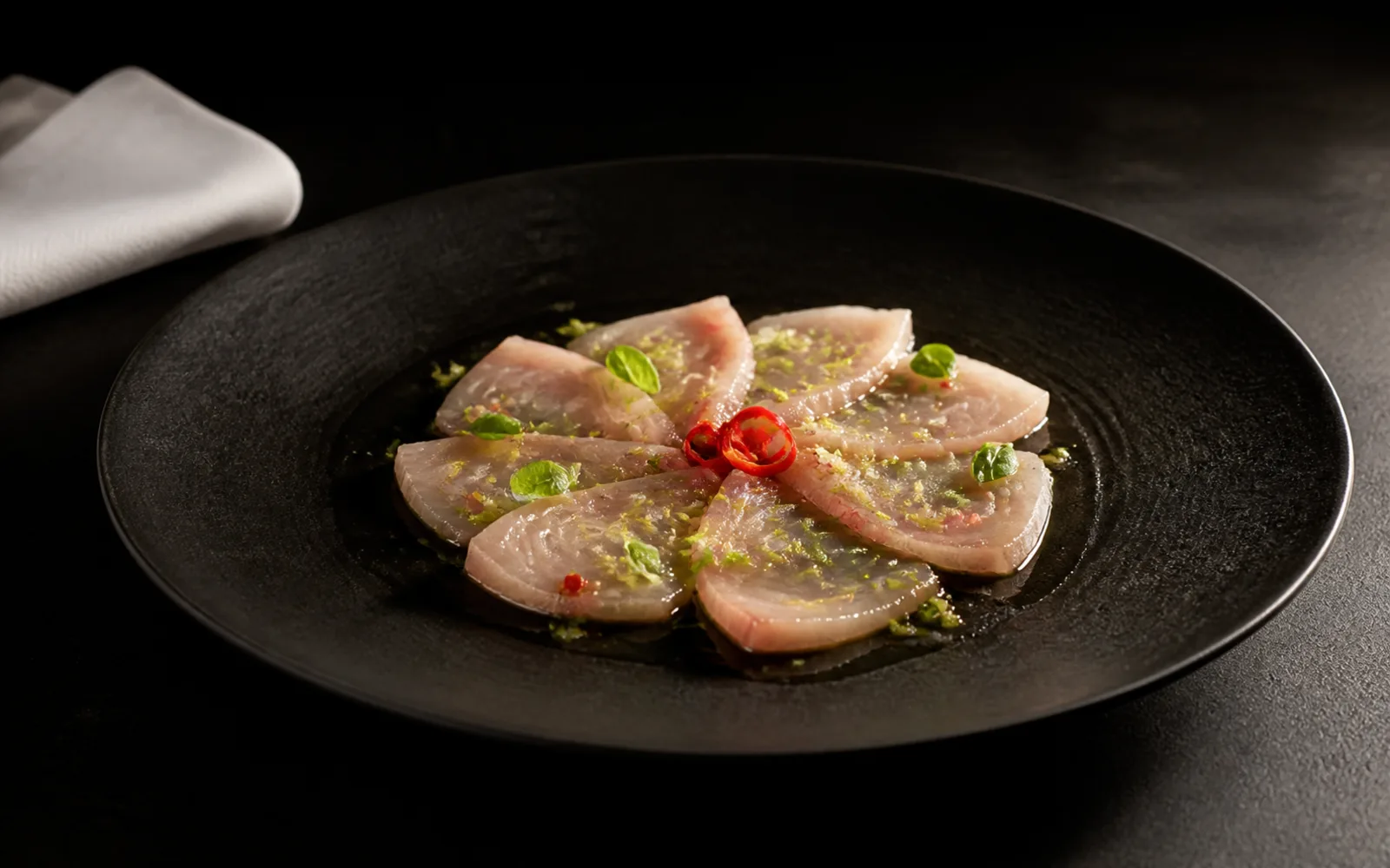 Concept preview of a precise Thai-Japanese raw fish preparation with citrus and chile